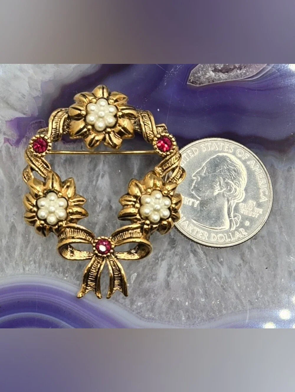 Avon Floral Wreath Brooch w/ Faux Pearls & Pink Faceted Glass Crystals